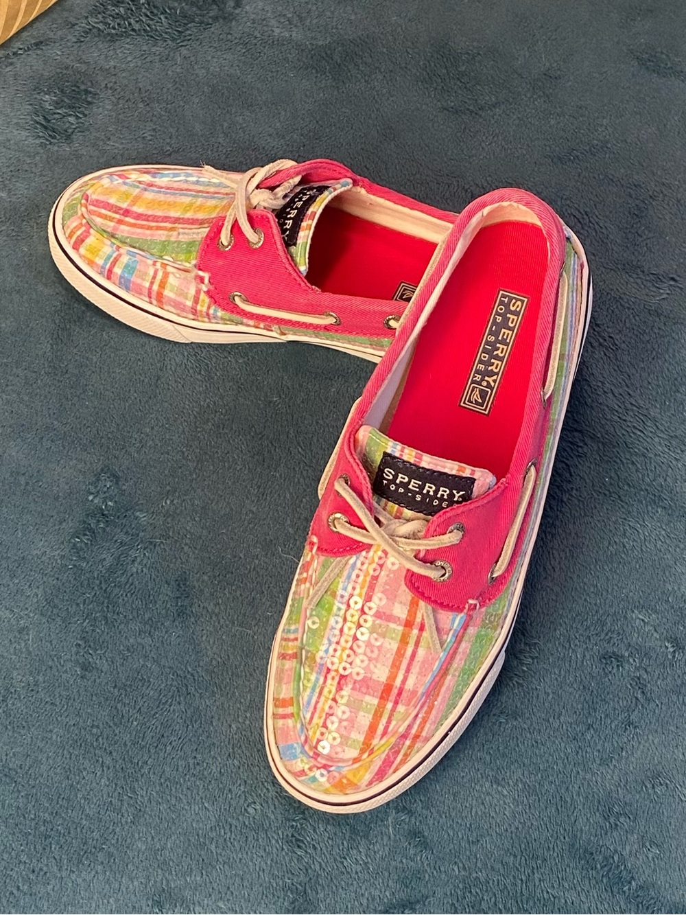 SPERRY Pink White Multicolor Plaid Canvas Loafers Slide-in Boat Shoes, size 6.5